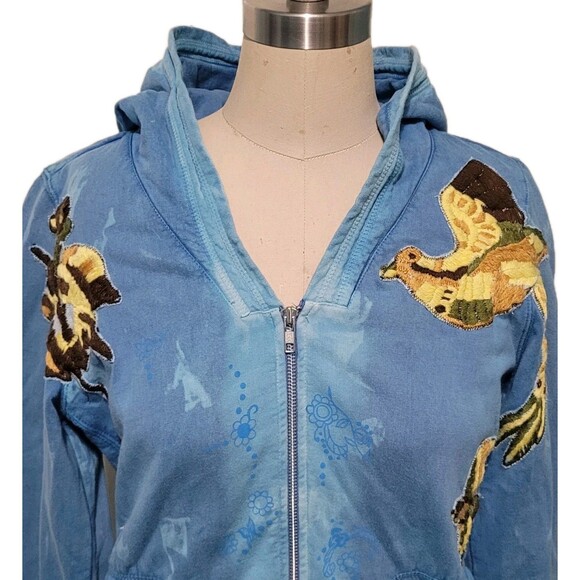 Free People Hoodie Women M Blue Tie Dye Embroidered Flying Birds Full Zip - Picture 1 of 16